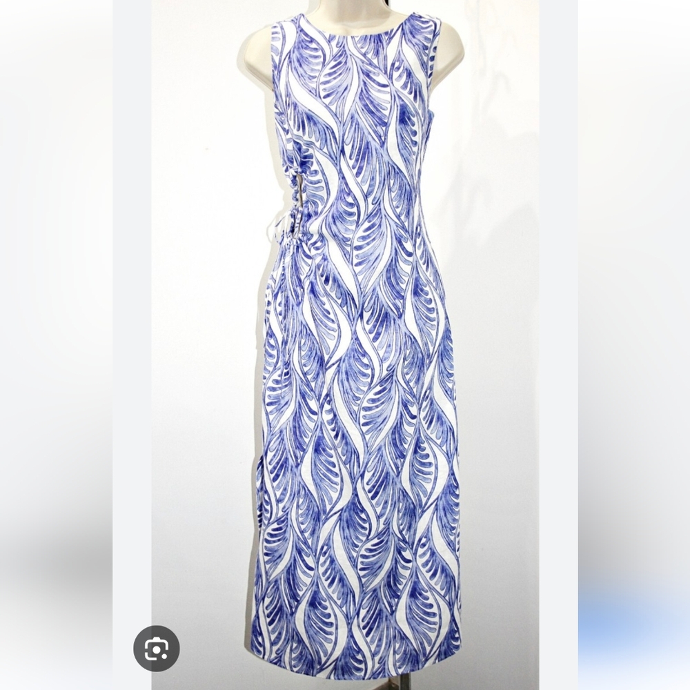 Magaschoni Blue and White Leaf Pattern Maxi Dress Size 6